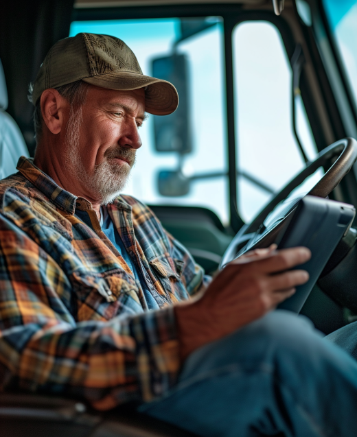 A truck driver reviewing a tablet in his cab